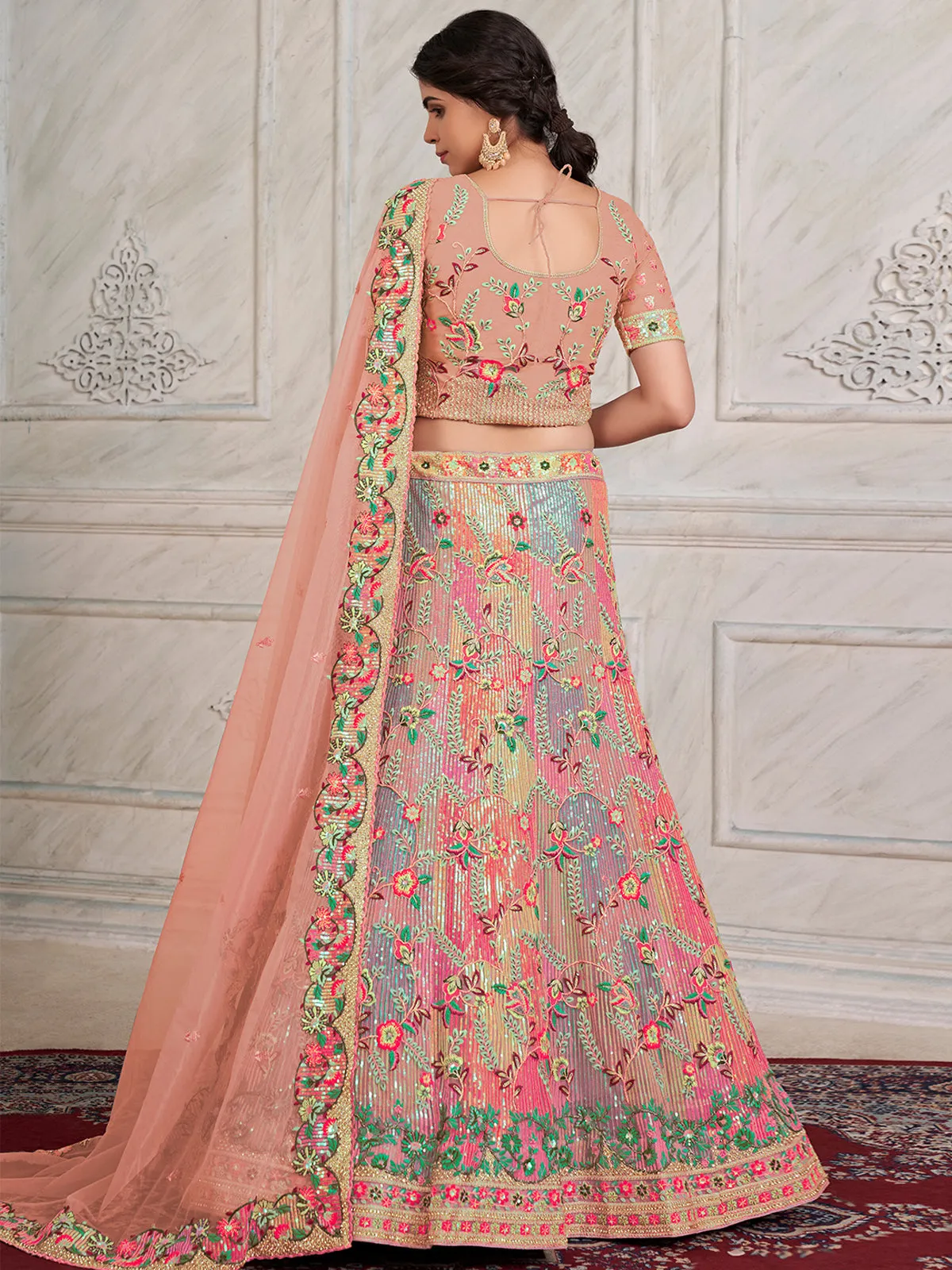 Pink Net Semi stitched Lehenga With Unstitched Blouse