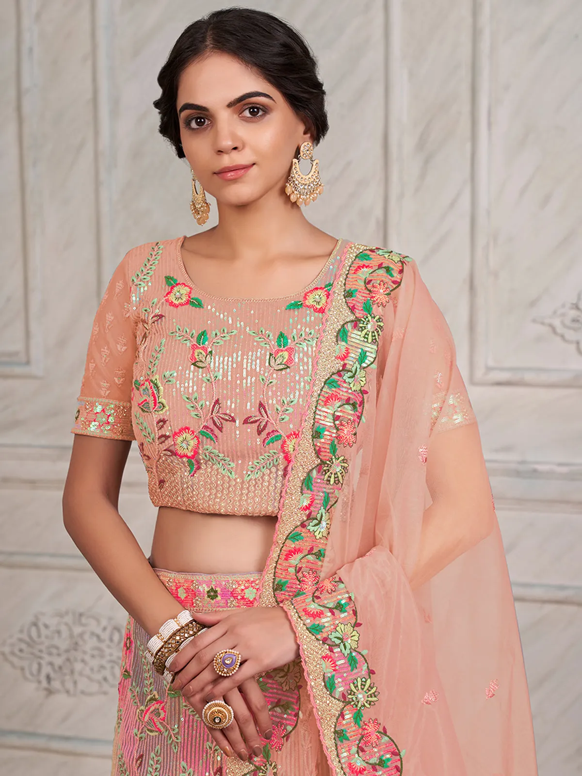 Pink Net Semi stitched Lehenga With Unstitched Blouse