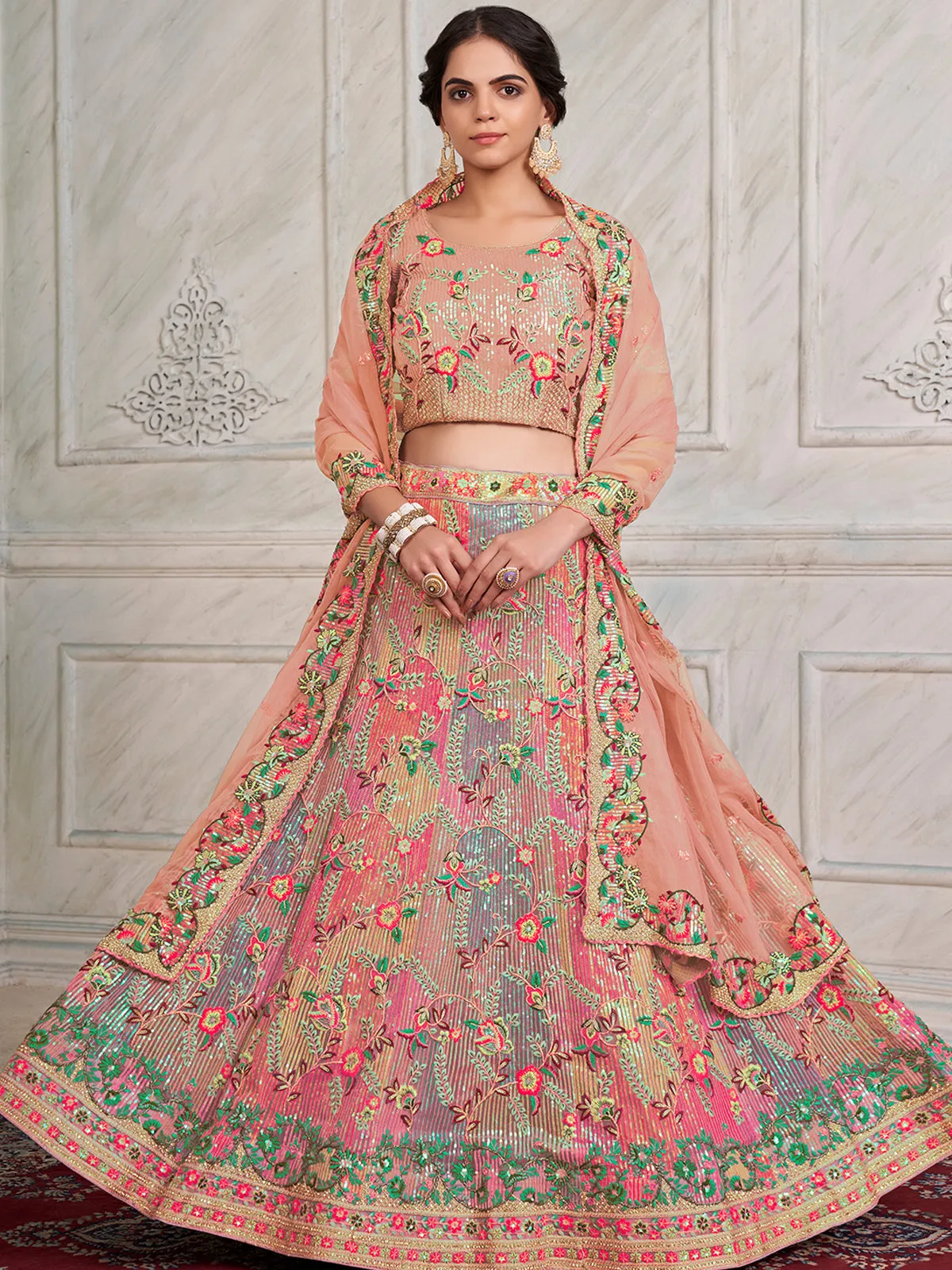 Pink Net Semi stitched Lehenga With Unstitched Blouse