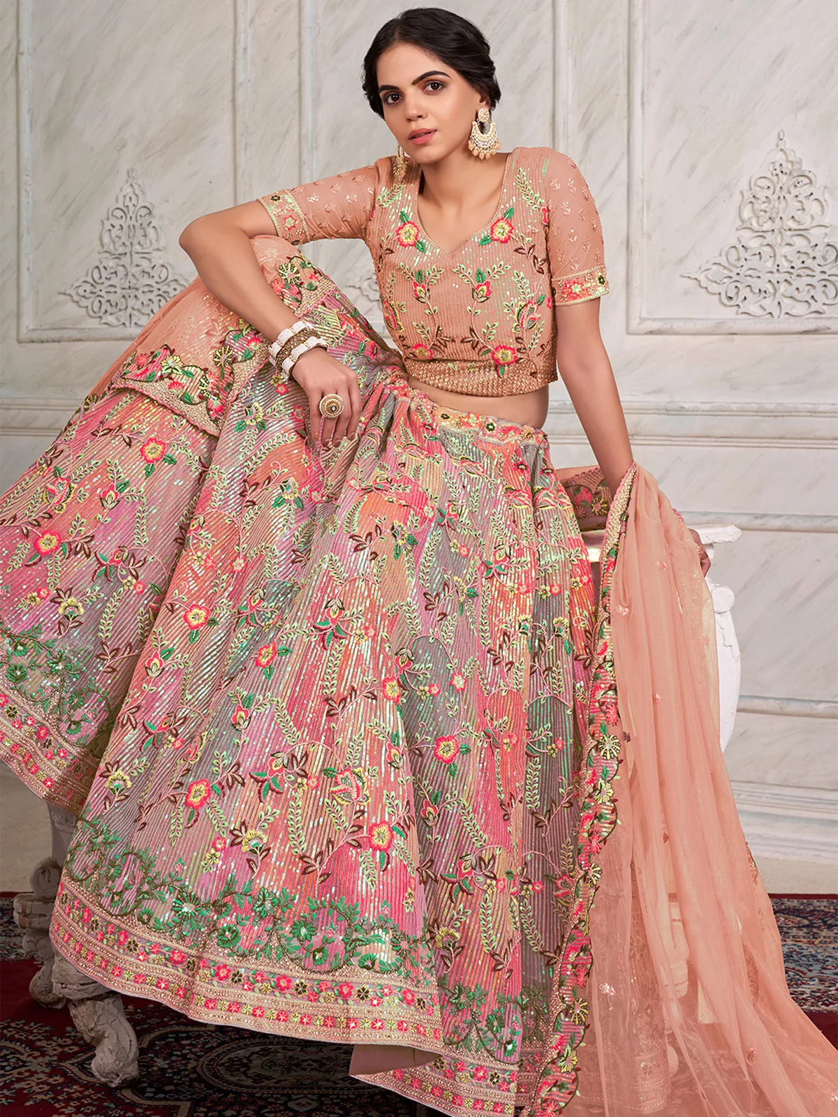 Pink Net Semi stitched Lehenga With Unstitched Blouse