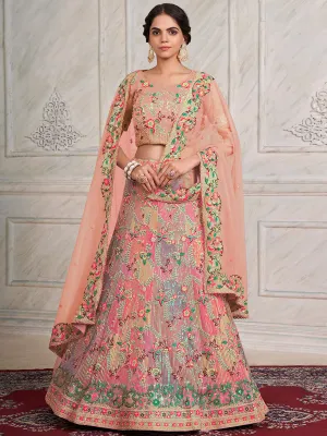 Pink Net Semi stitched Lehenga With Unstitched Blouse