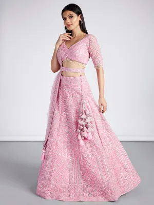 Pink Net Sequins, Zarkan and thread embroidery Semi-Stitched Lehenga choli & Dupatta