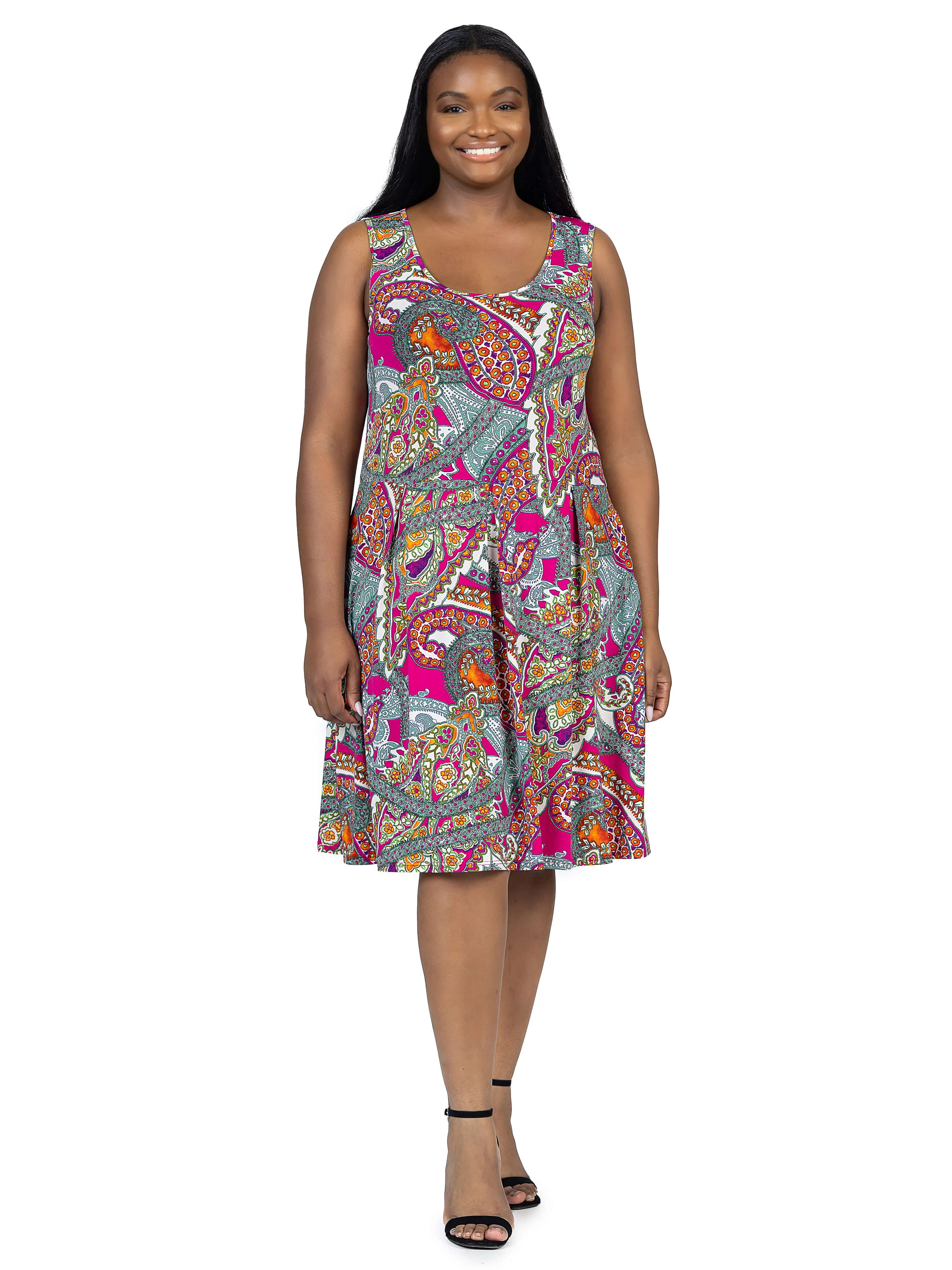 Pink Paisley Print Sleeveless Plus Size Pleated Knee Length Pocket Dress