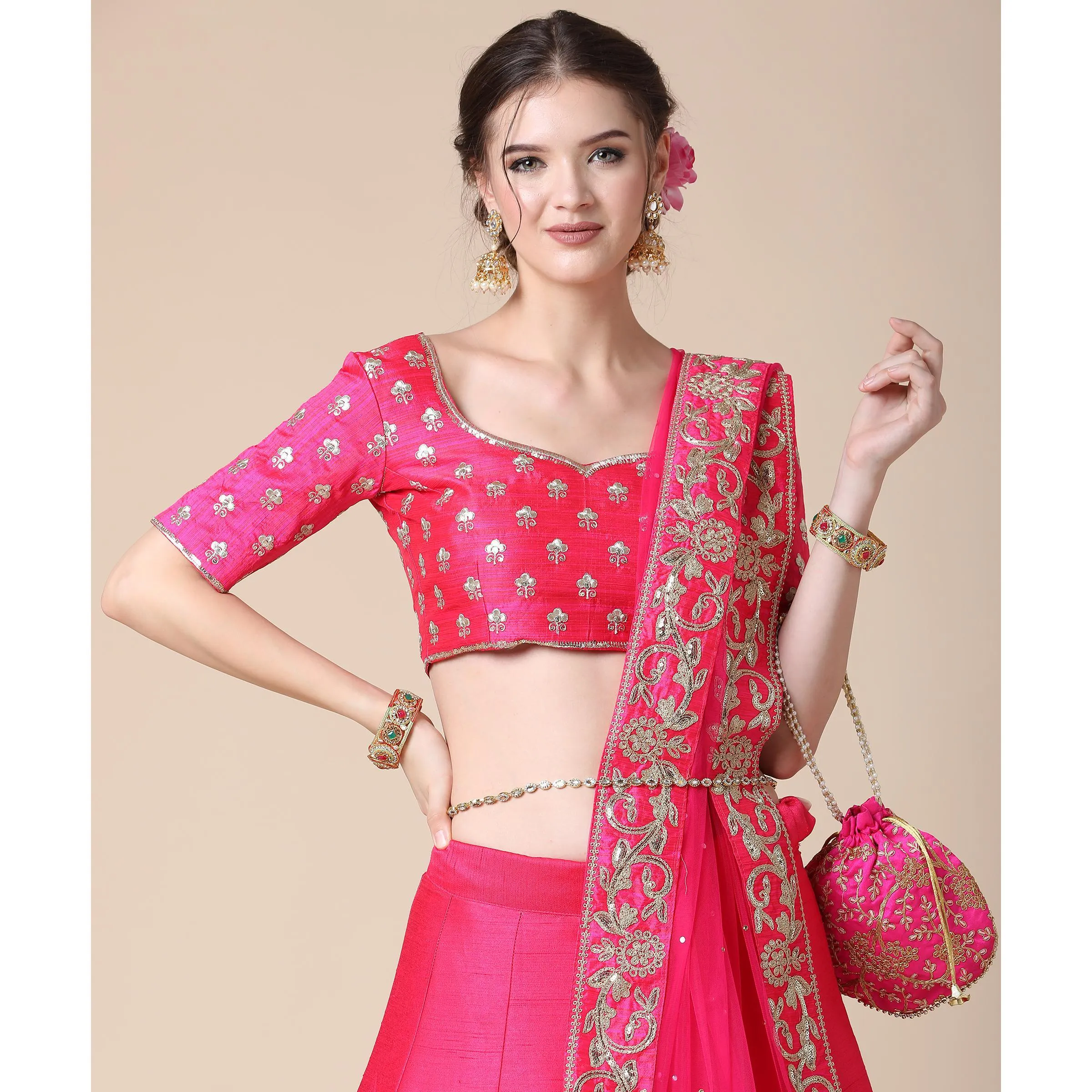 Pink Partywear Sequins Embroidered Heavy Silk Lehenga