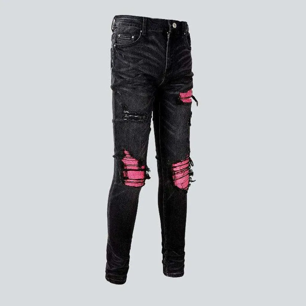 Pink patch men's biker jeans