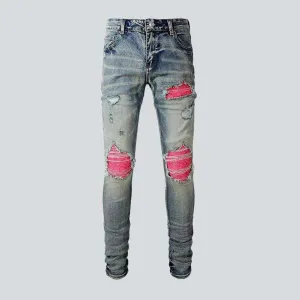 Pink patchwork knees men's jeans