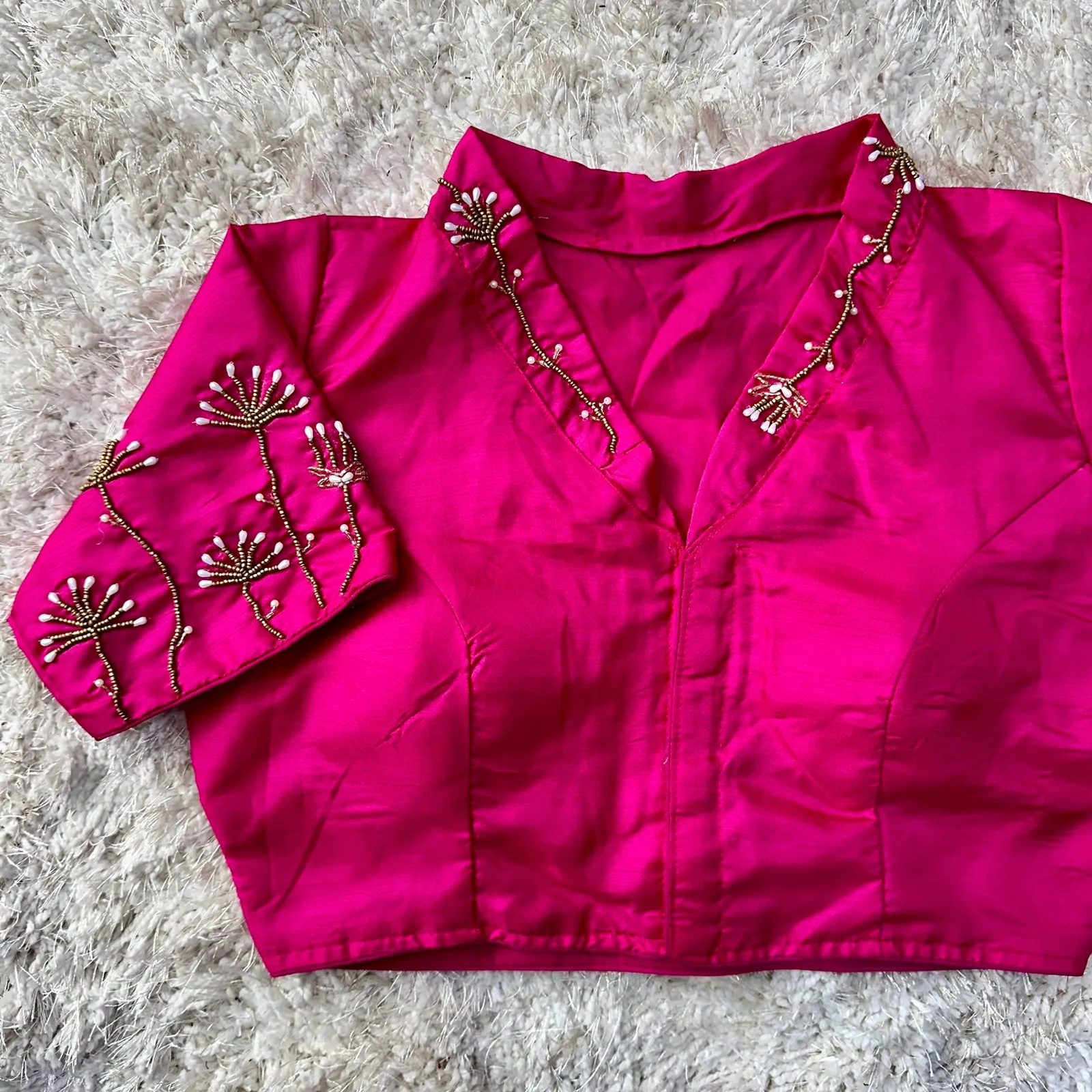 Pink Pista Silk Blouse with Handwork and Designer Handcrafted Collar