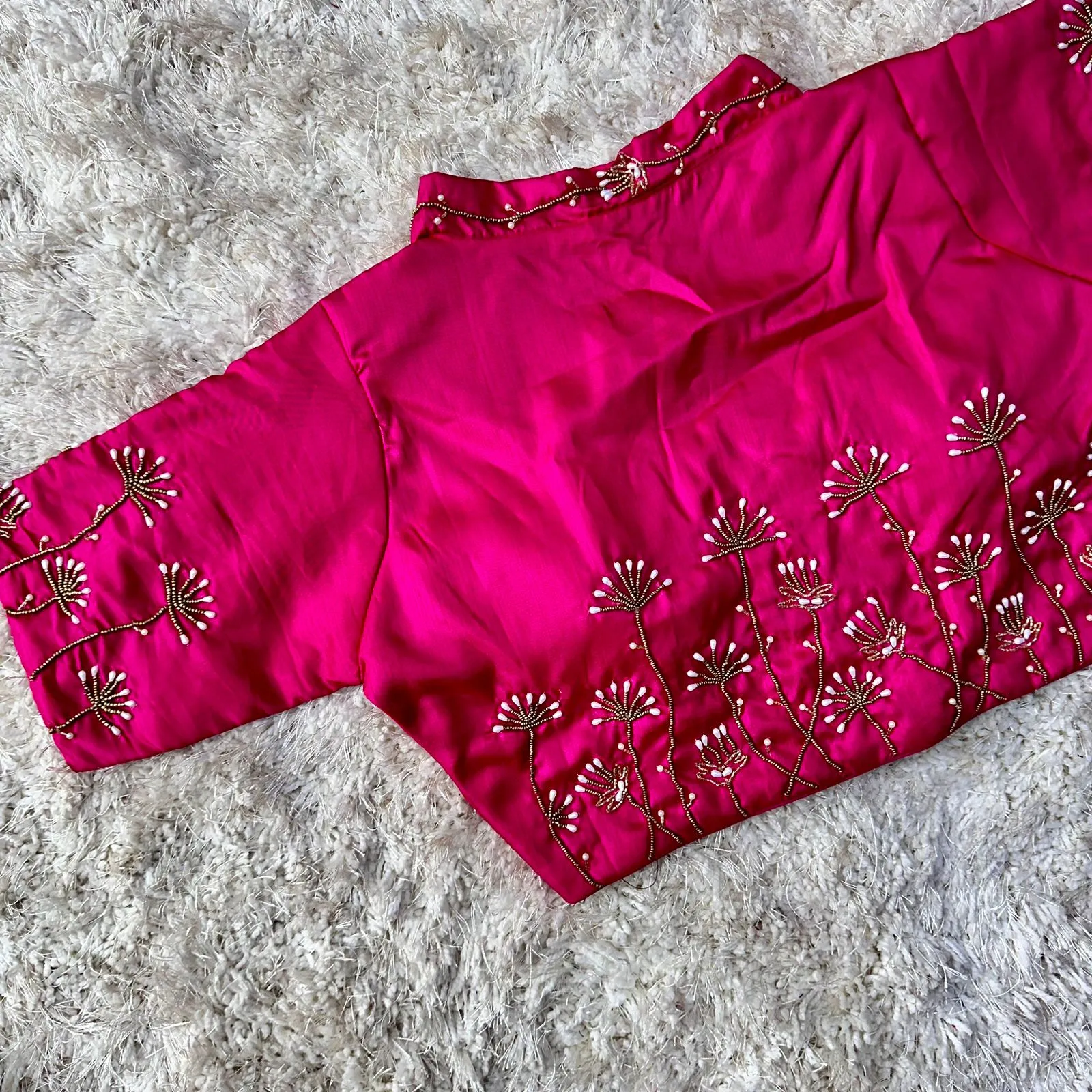 Pink Pista Silk Blouse with Handwork and Designer Handcrafted Collar