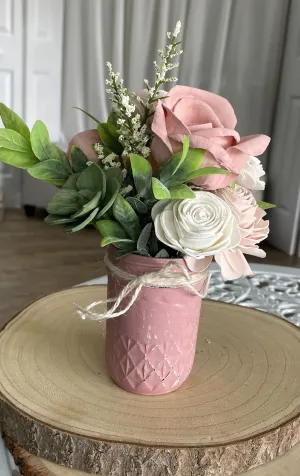 Pink Pixie Mini Jar Wood Flower Arrangement - 8oz