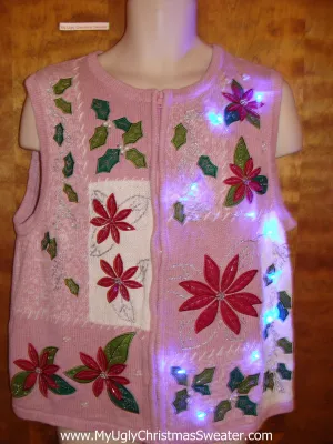 Pink Poinsettia Light Up Ugly Xmas Sweater Vest