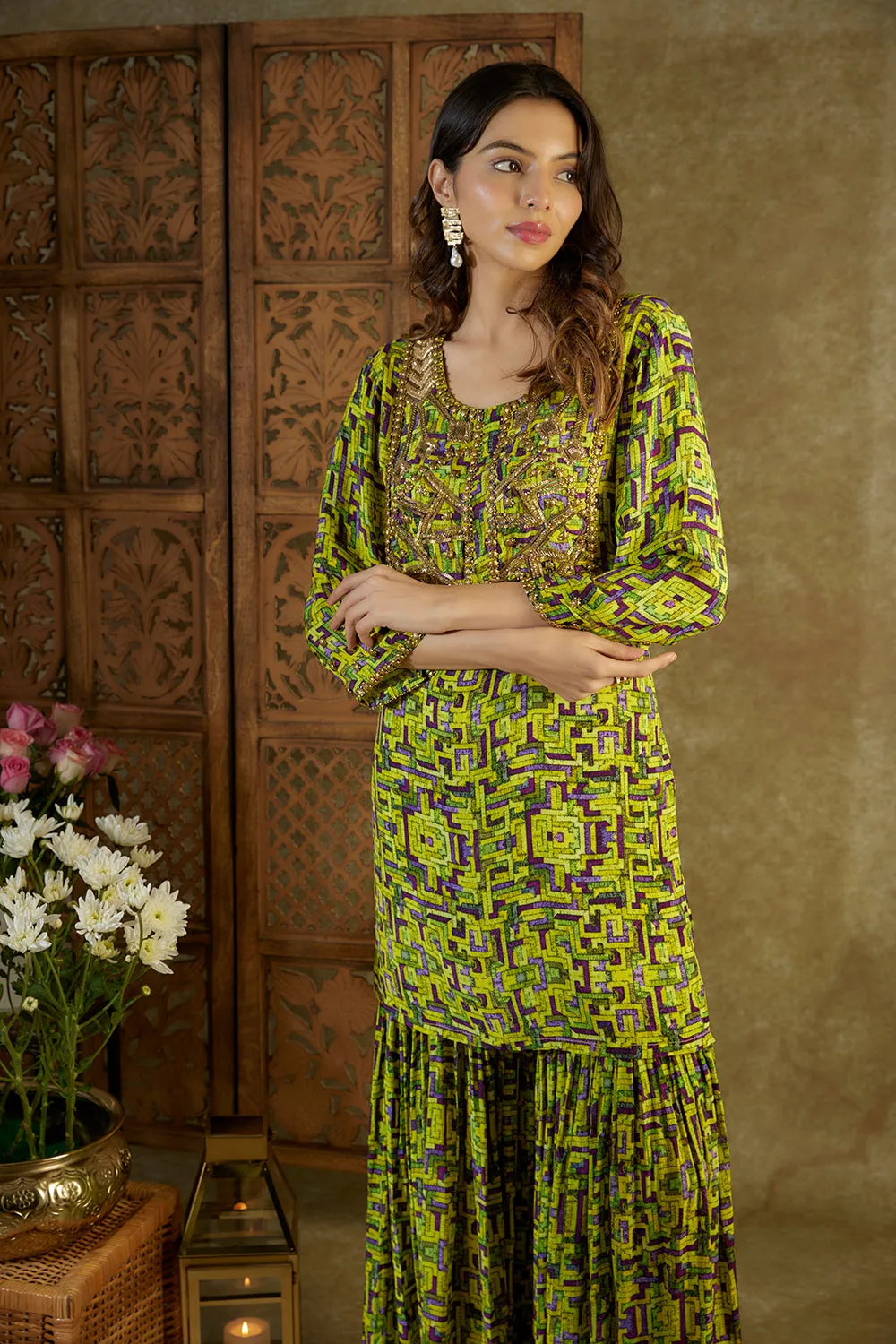 Pink Printed Embroidered Short Kurta And Sharara Set