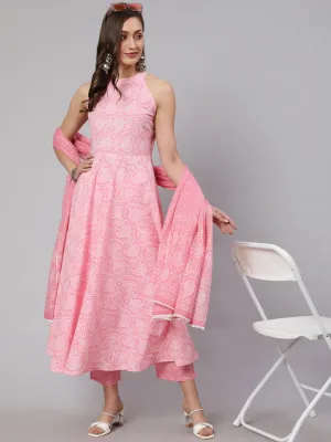 Pink Printed Halter Neck Kurta With Printed Pants And  Dupatta