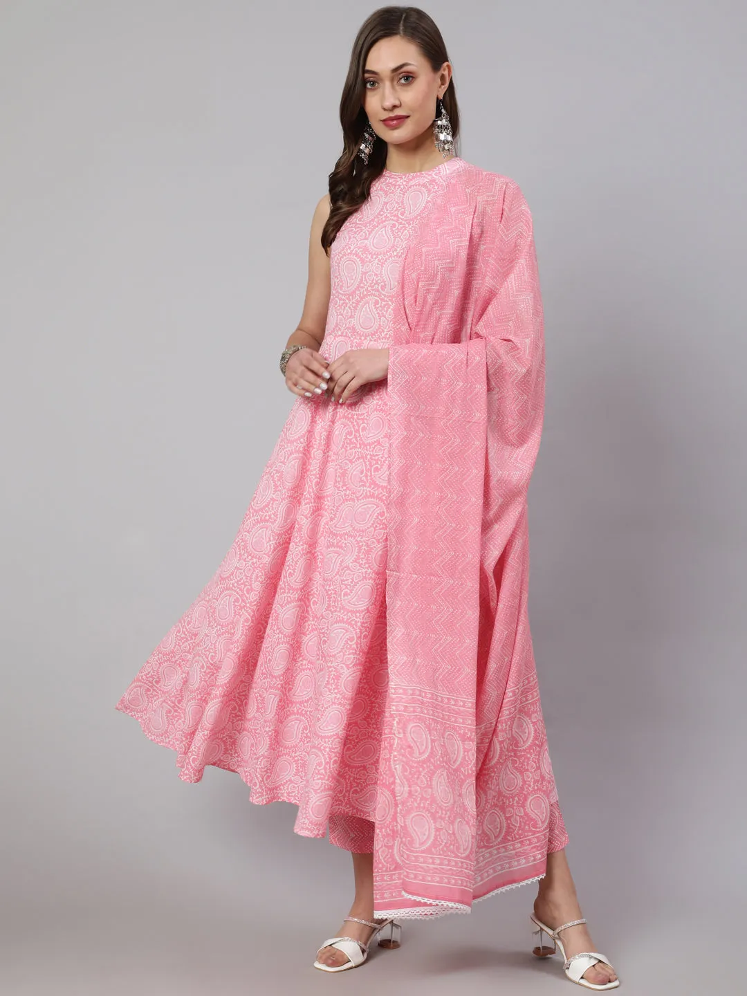 Pink Printed Halter Neck Kurta With Printed Pants And  Dupatta