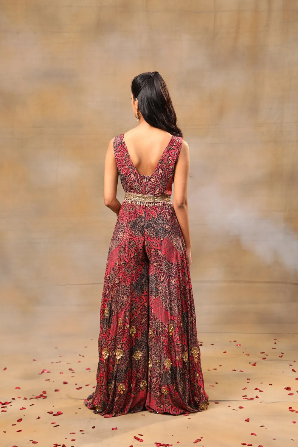 Pink Printed Jumpsuit And Belt With Embroidery