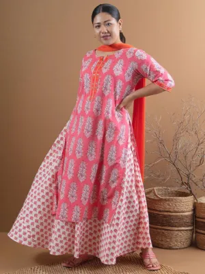 Pink Printed Skirt Set with Orange Dupatta