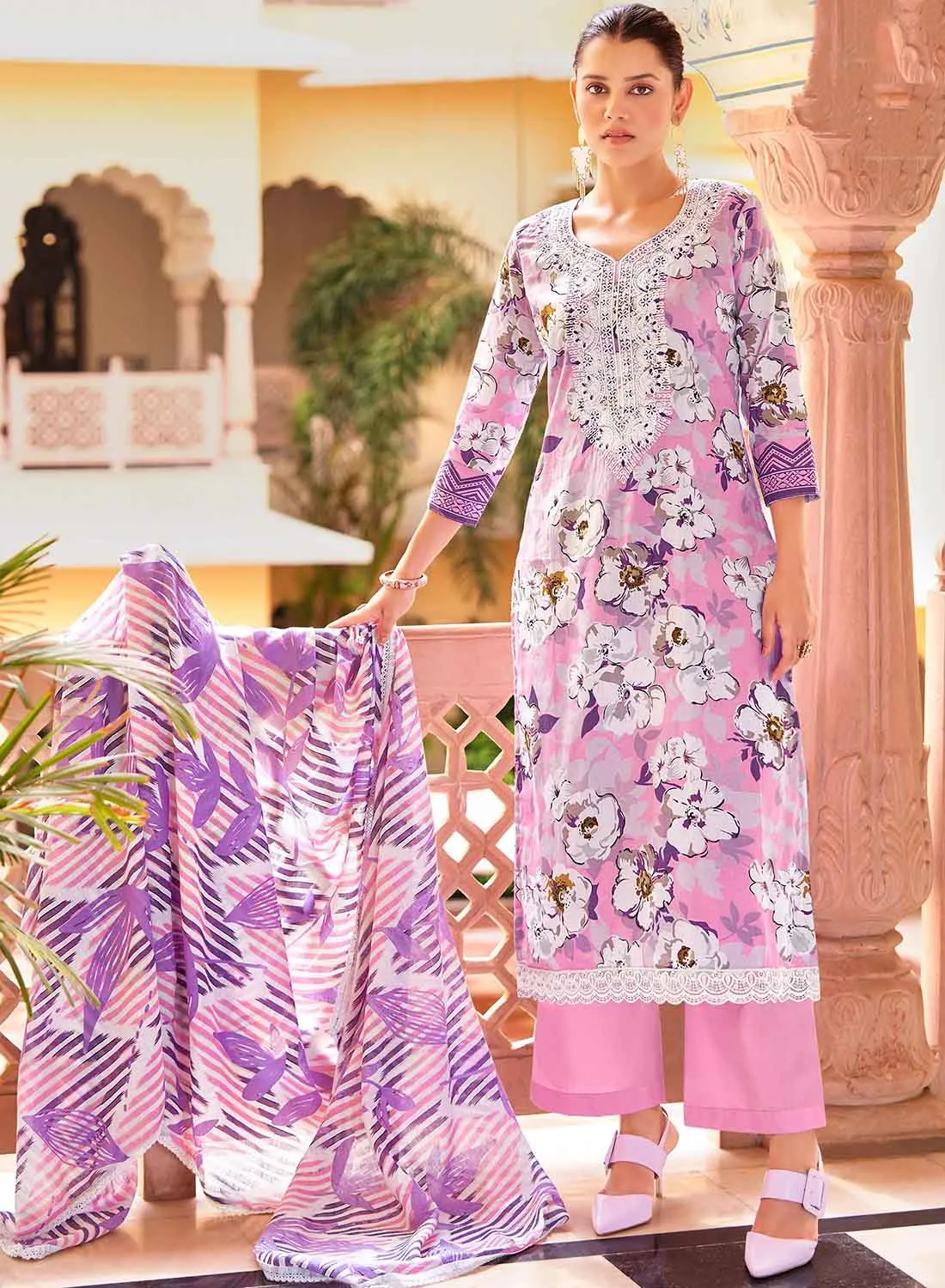 Pink Pure Cambric Cotton Unstitched Suit Dress Material for Women