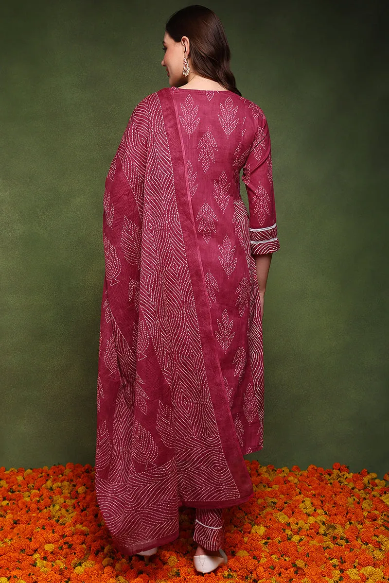 Pink Pure Cotton Bandhani Printed A Line Suit Set