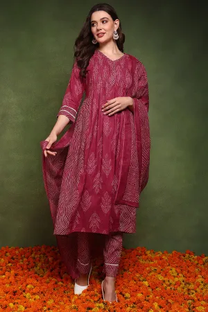 Pink Pure Cotton Bandhani Printed A Line Suit Set