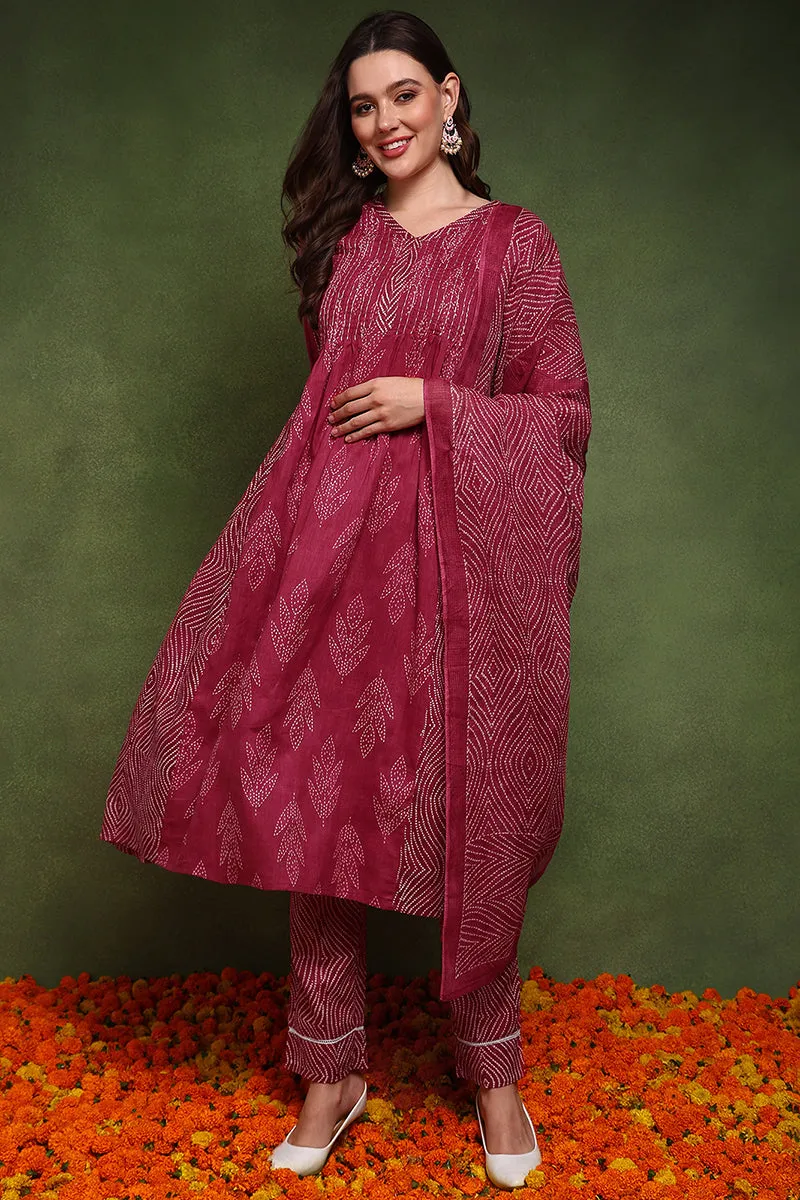 Pink Pure Cotton Bandhani Printed A Line Suit Set