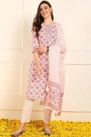 Pink Pure Cotton Ethnic Motifs Printed Straight Suit Set