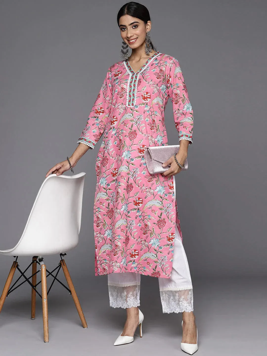 Pink Pure Cotton Floral Printed Kurta