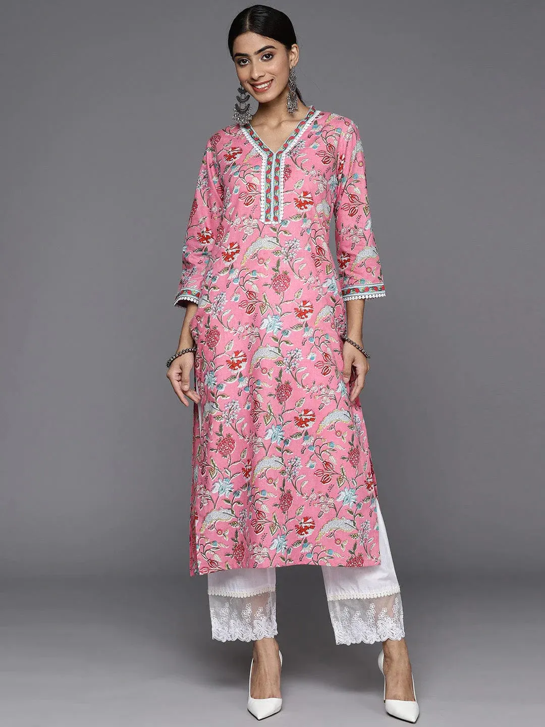 Pink Pure Cotton Floral Printed Kurta