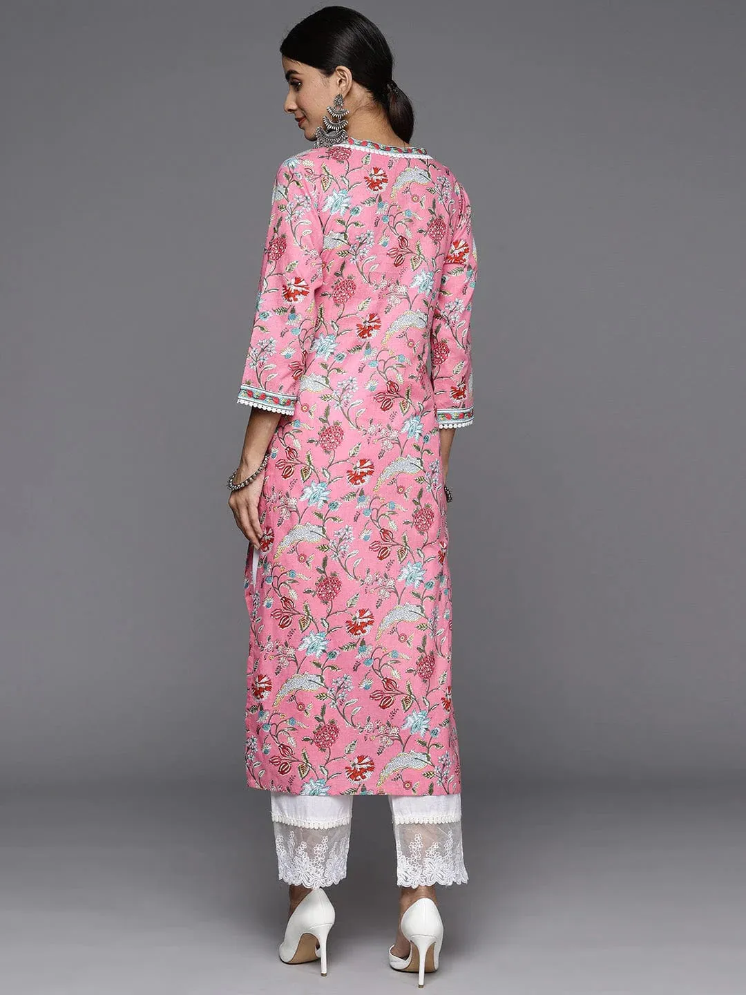 Pink Pure Cotton Floral Printed Kurta