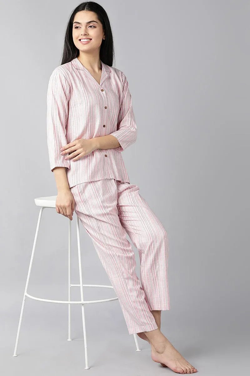 Pink Pure Cotton Striped Night Suit