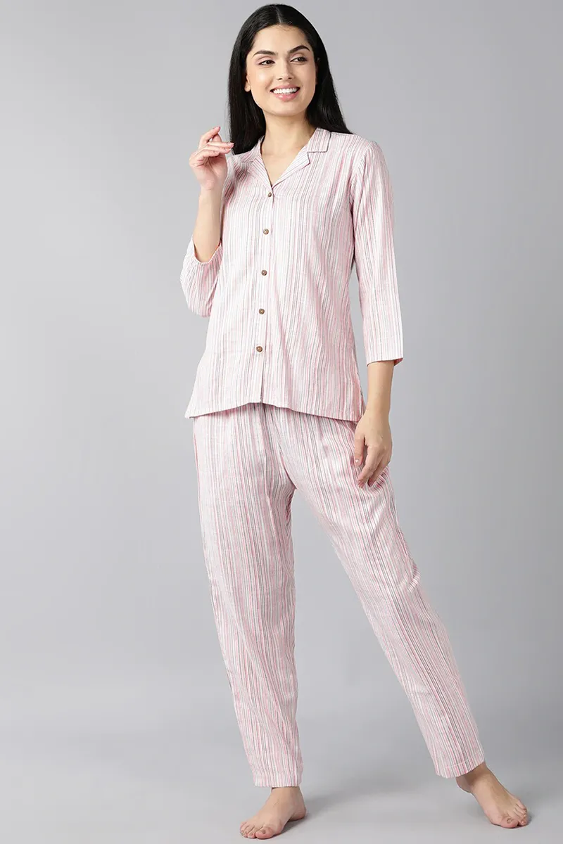 Pink Pure Cotton Striped Night Suit