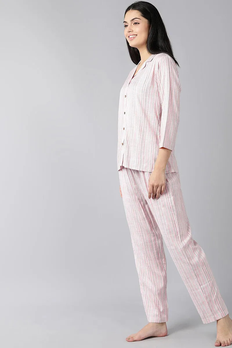 Pink Pure Cotton Striped Night Suit