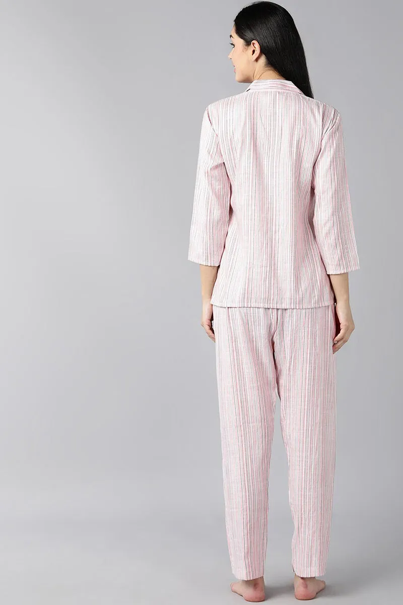 Pink Pure Cotton Striped Night Suit