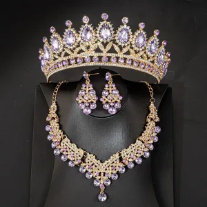 Pink Purple Crystal Jewelry Sets Princess Tiara Crown Earring Necklace  Accessories