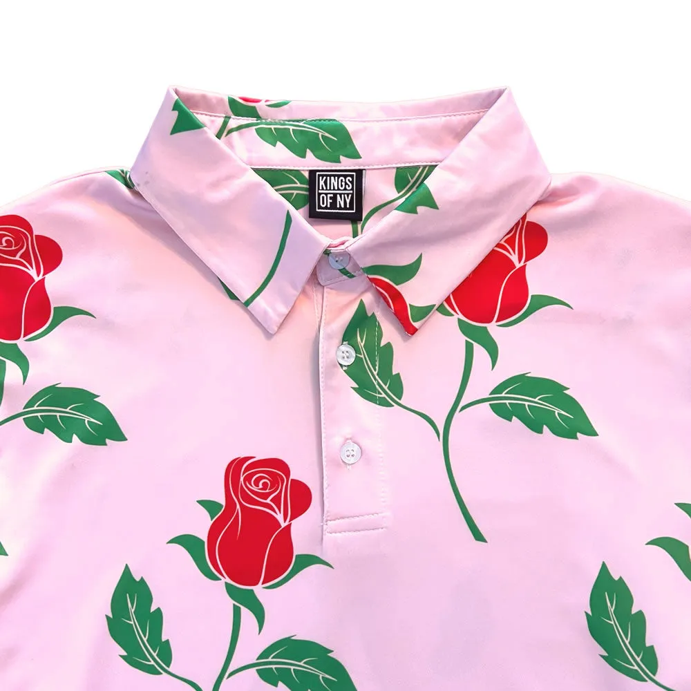 Pink Red Rose Floral Print Mens Golf Polo Shirt