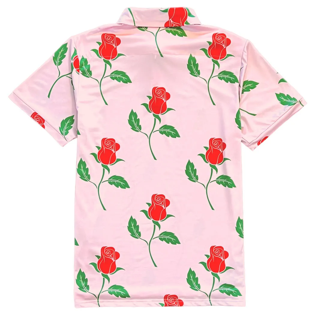 Pink Red Rose Floral Print Mens Golf Polo Shirt