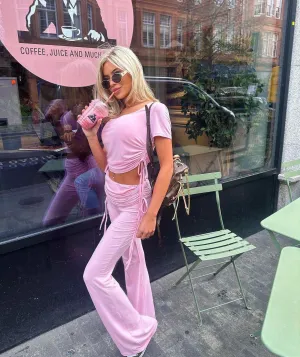 PINK ROUND NECK RUCHED CROP TOP AND FLARED TROUSER CO-ORD