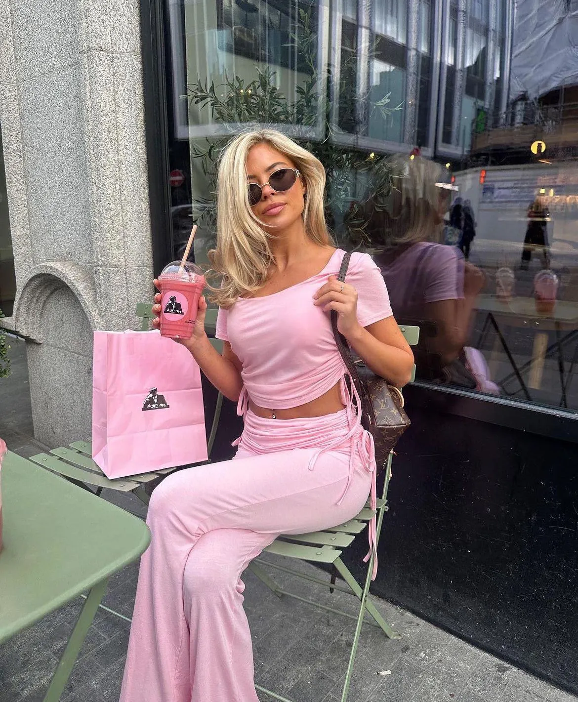 PINK ROUND NECK RUCHED CROP TOP AND FLARED TROUSER CO-ORD