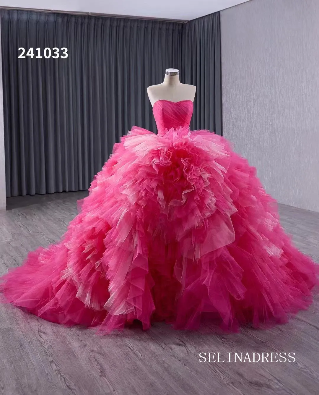 Pink Ruffles Wedding Dress Removable Overskirt Quinceanera Dress 241033