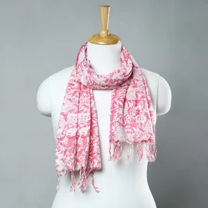 Pink - Sanganeri Block Printed Cotton Stole with Tassels 125