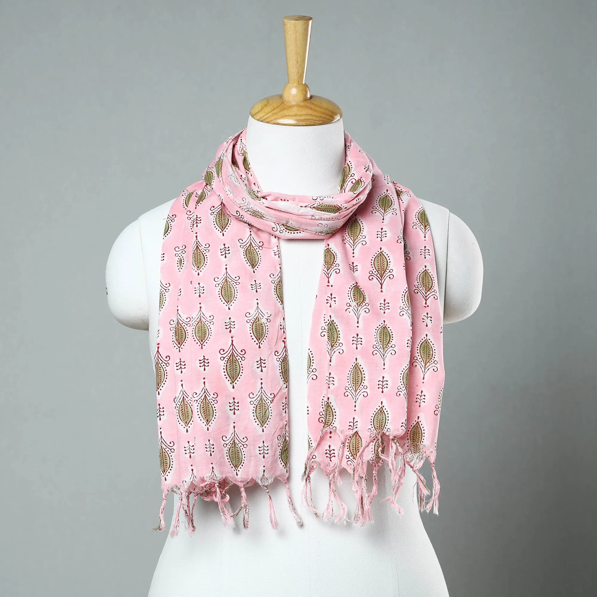 Pink - Sanganeri Block Printed Cotton Stole with Tassels 13