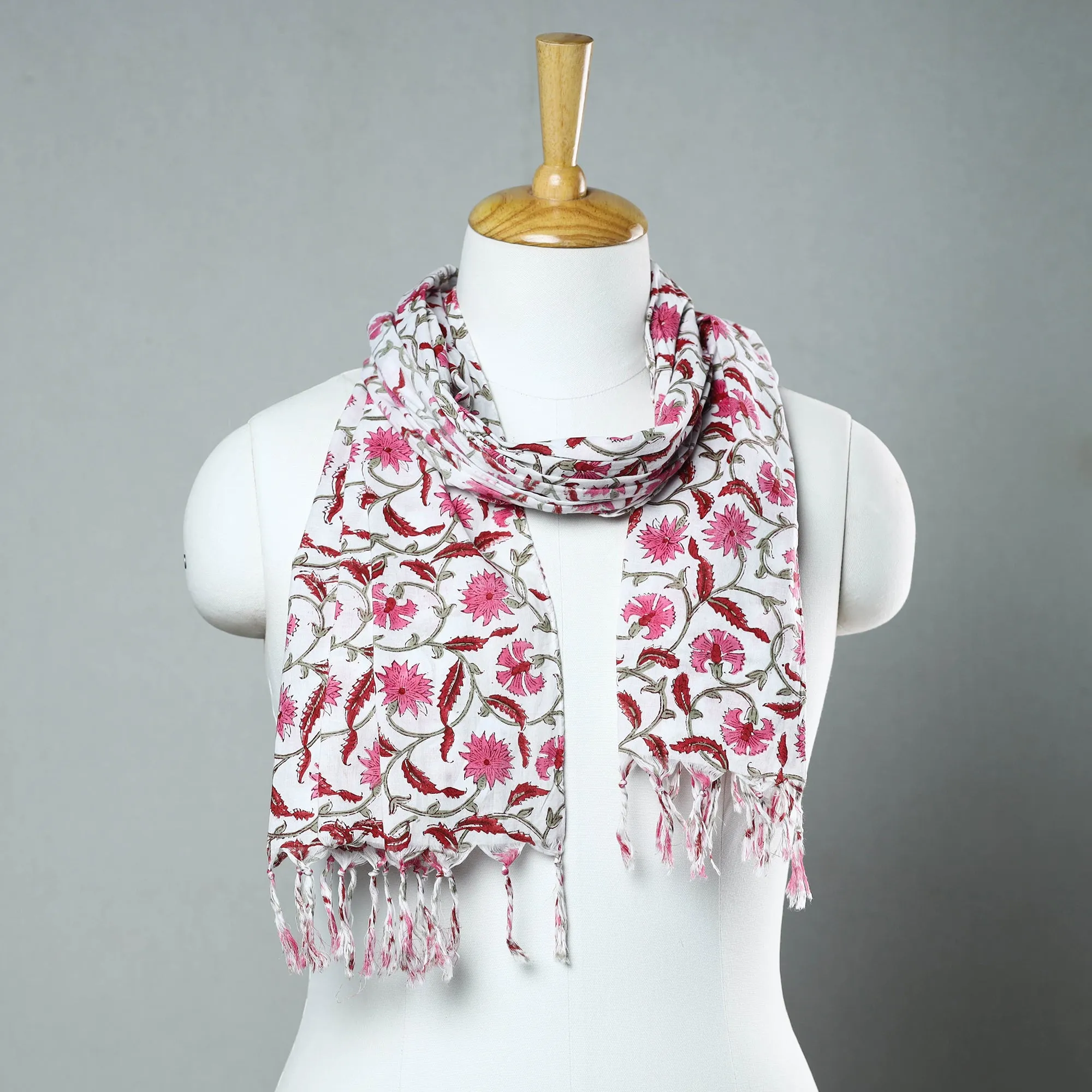 Pink - Sanganeri Block Printed Cotton Stole with Tassels 200