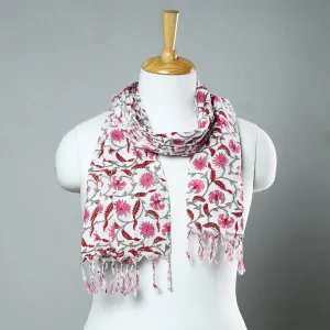 Pink - Sanganeri Block Printed Cotton Stole with Tassels 200