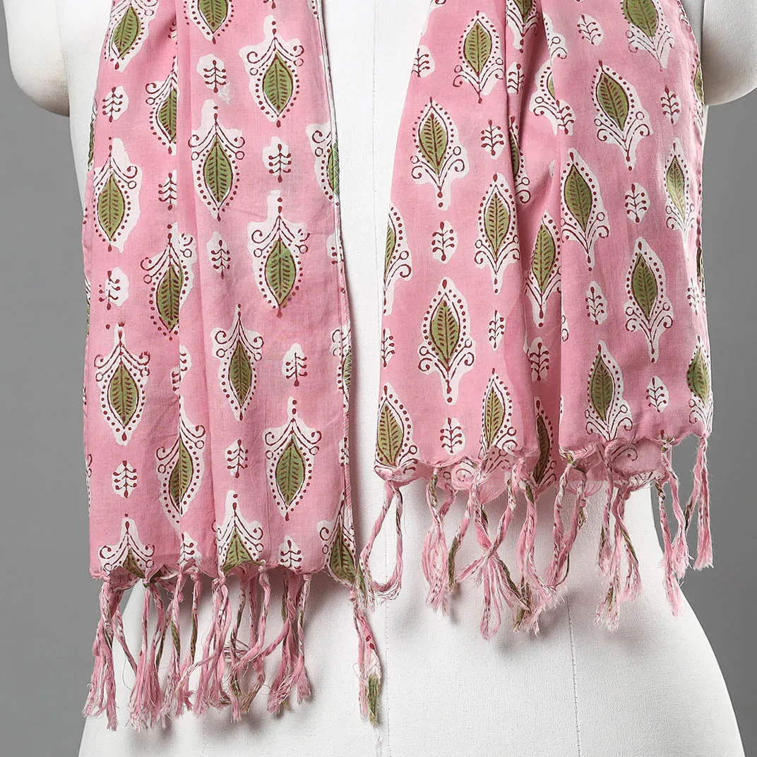 Pink - Sanganeri Block Printed Cotton Stole with Tassels