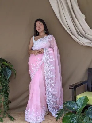 Pink Saree in Organza Lucknowi Viscose Thread Work