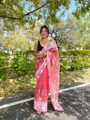 Pink Saree in Pure Soft Organza Chikankari Viscose Thread Work