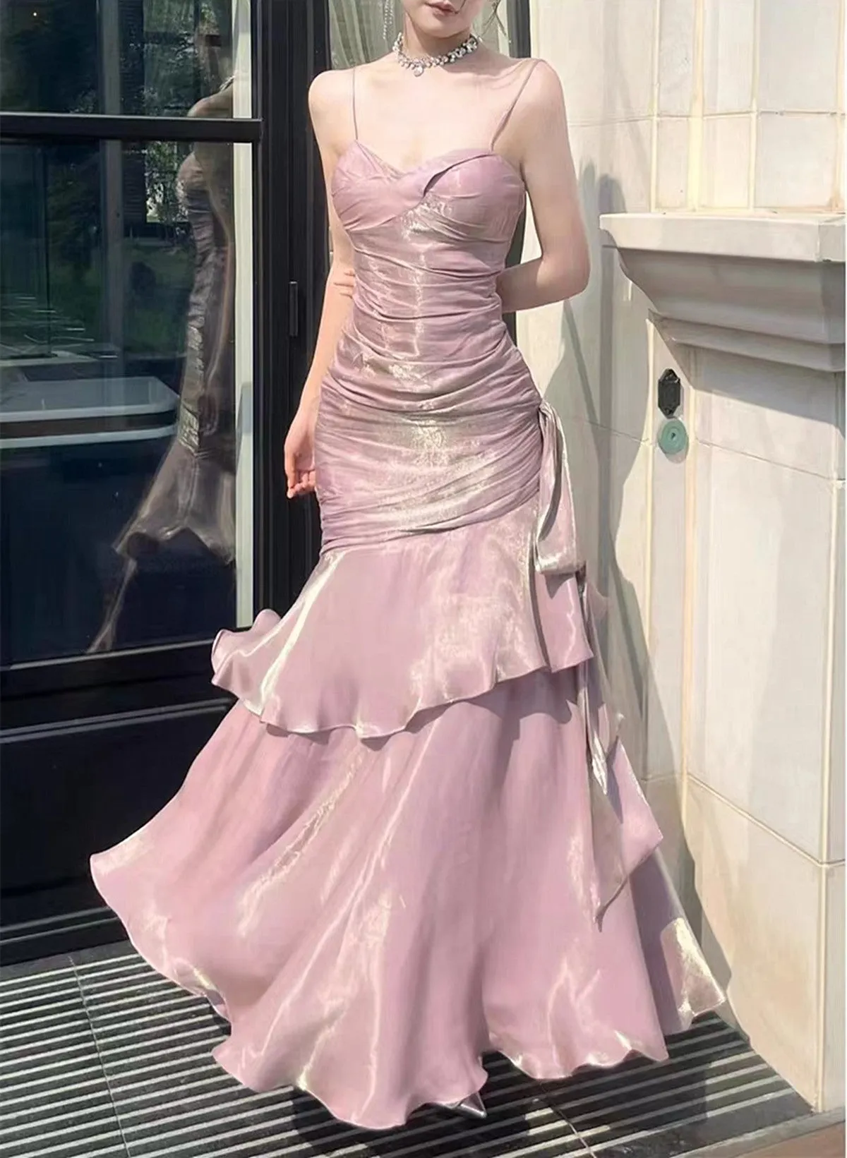 Pink Satin Straps Long Party Dress, Pink Satin Chic Prom Dress Evening Dress