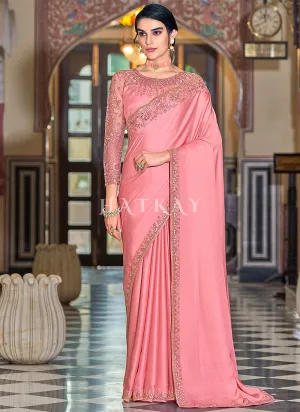 Pink Sequence Embroidery Designer Silk Saree