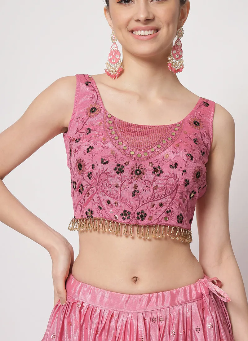 Pink Sequence Embroidery Digital Printed Lehenga Choli