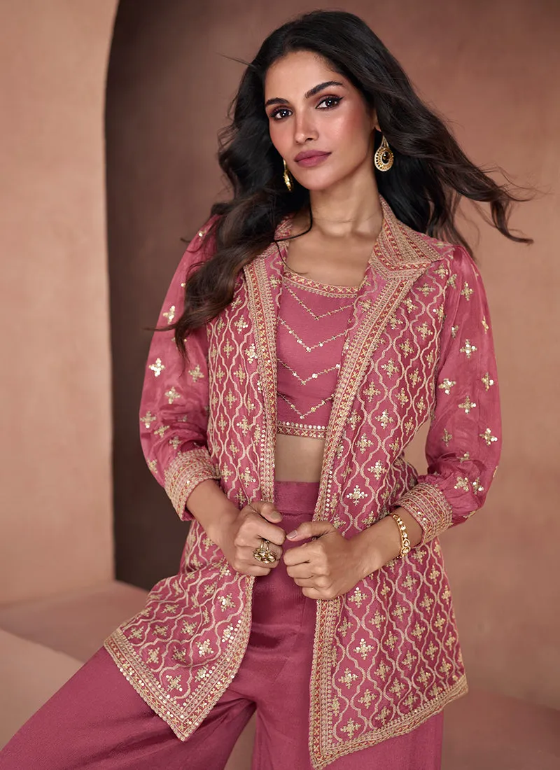 Pink Sequence Embroidery Jacket Style Pant Suit