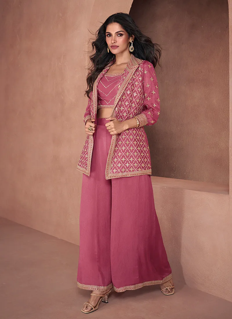 Pink Sequence Embroidery Jacket Style Pant Suit