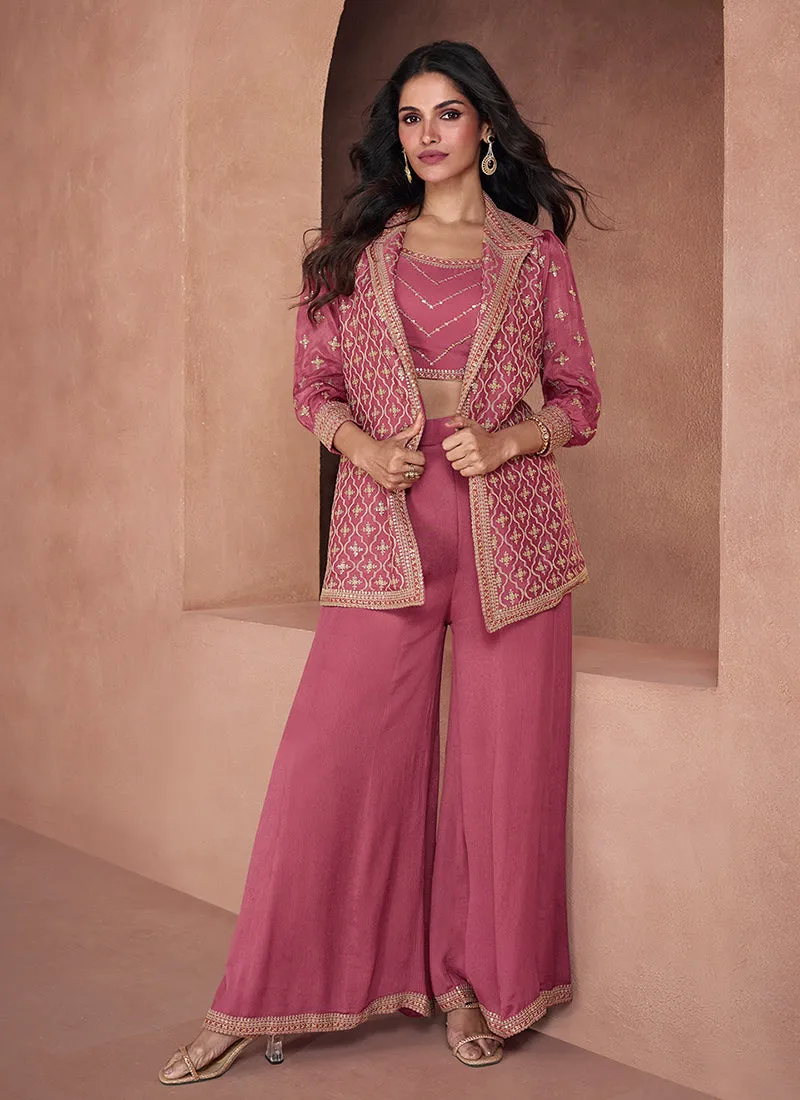 Pink Sequence Embroidery Jacket Style Pant Suit